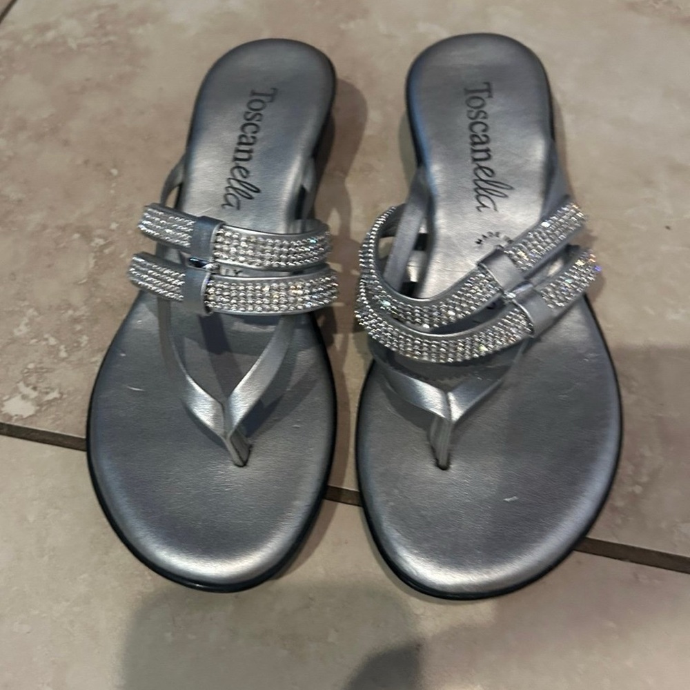Toscanella Metallic Silver Sandals with Rhinestone Embellishments